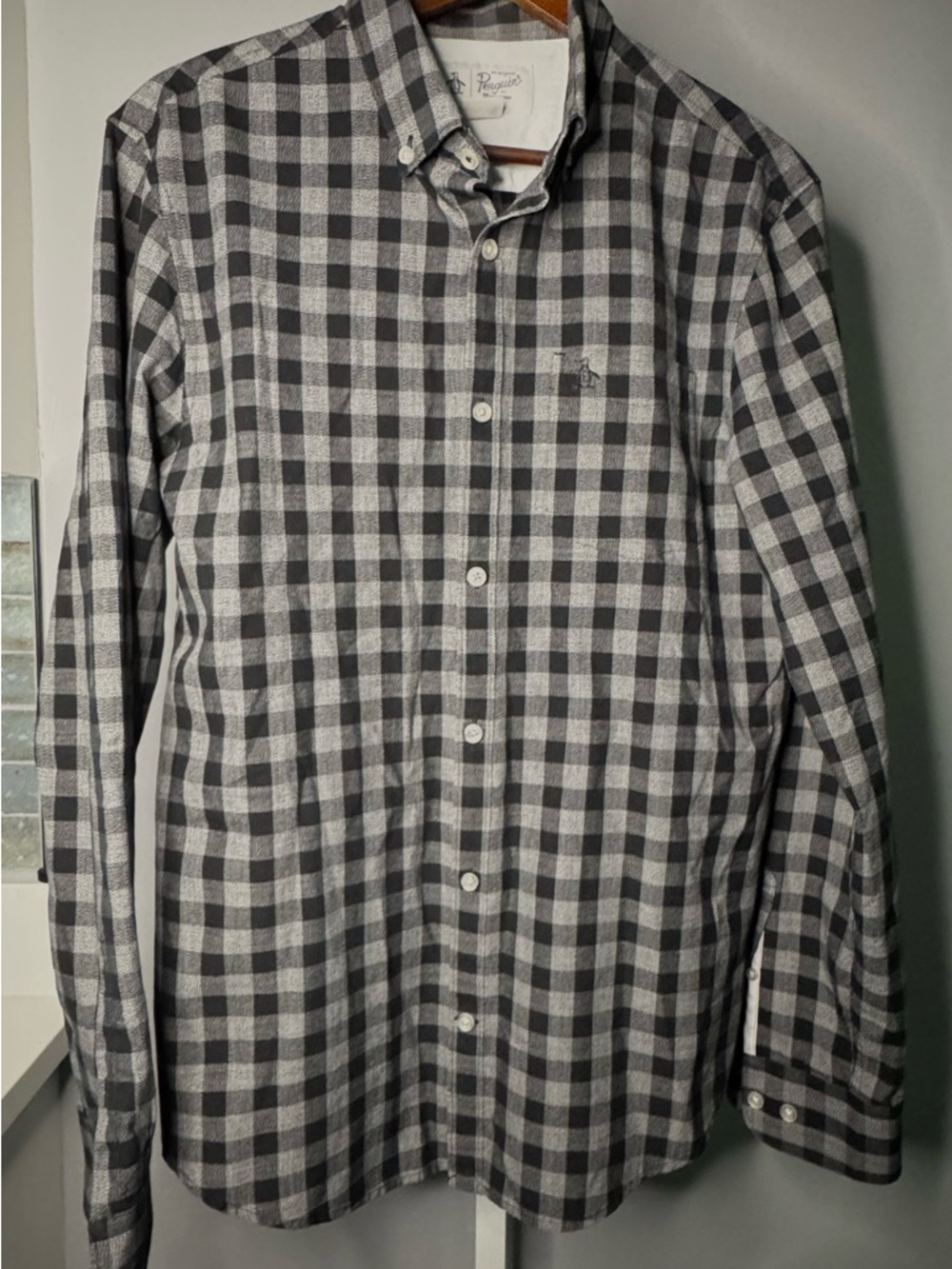 Original Penguin Black Gray Gingham Shirt Medium Button Up